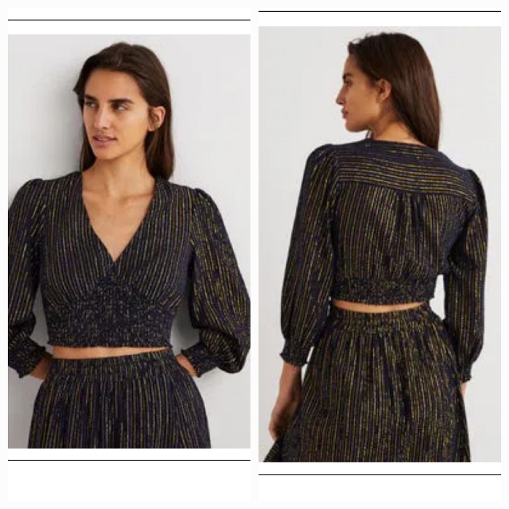 Boden Lurex Smocked Elegant Black and Gold Women's Top